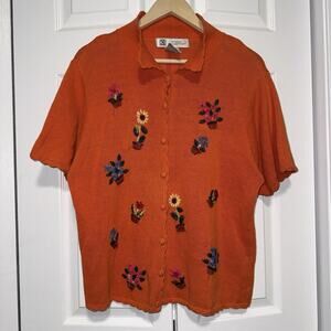 Studio Collection Orange Floral Embroidered Knit Collared Cardigan Sweater L